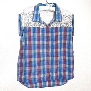 Roxy Plaid Button Down Sheer Lace Short Sleeves Size Medium Boho Western‎ Beachy